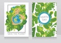 Two cards  for Earth Day with natural woman hugging our planet Royalty Free Stock Photo